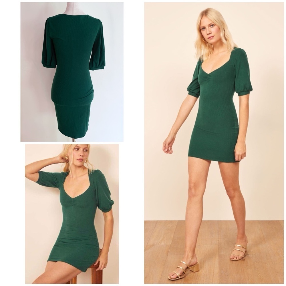 Reformation Natty Emerald Green Stretch Ribbed Knit Puff Sleeve Mini Dress XS​​​